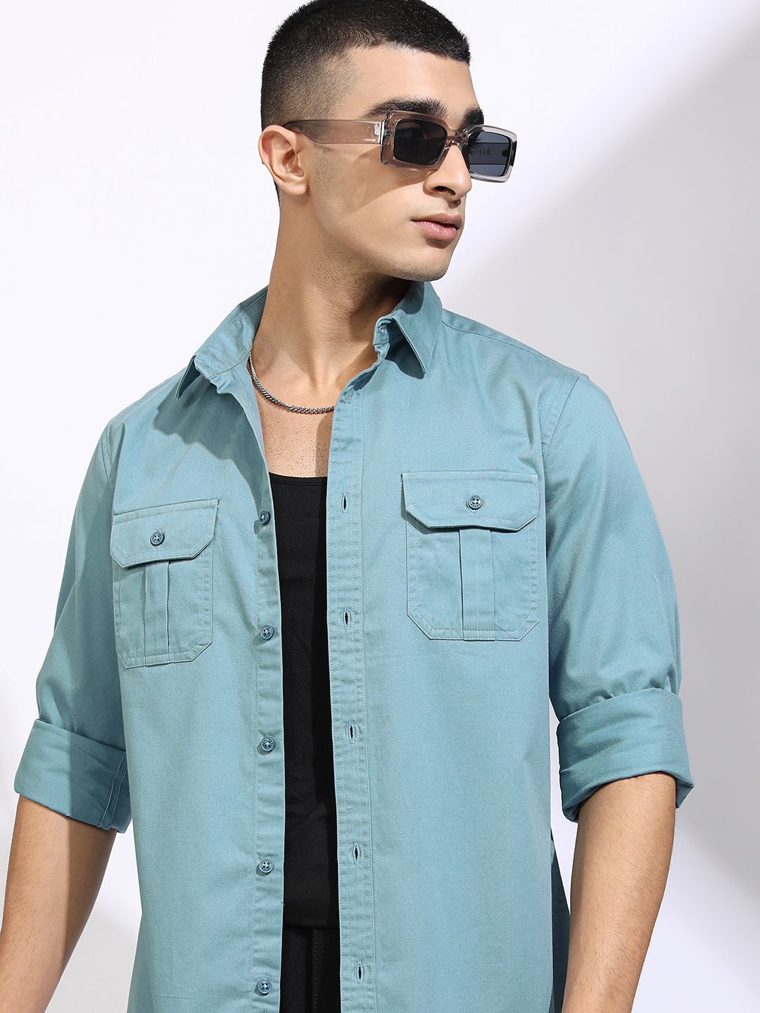

KETCH Men Utility Double Pocket Slim Fit Shirt, Blue