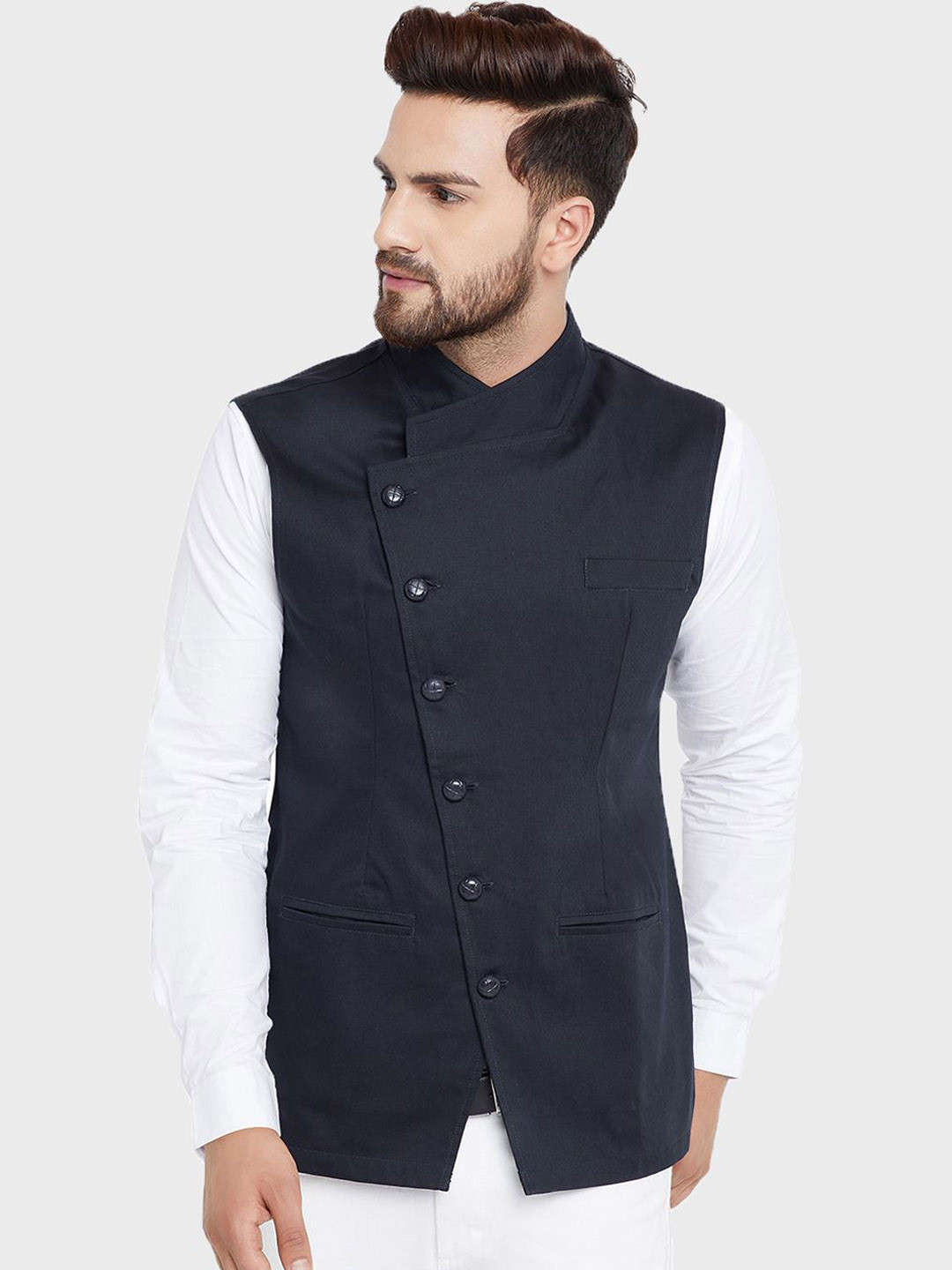 

Hypernation Woven Pure Cotton Nehru Jackets, Navy blue