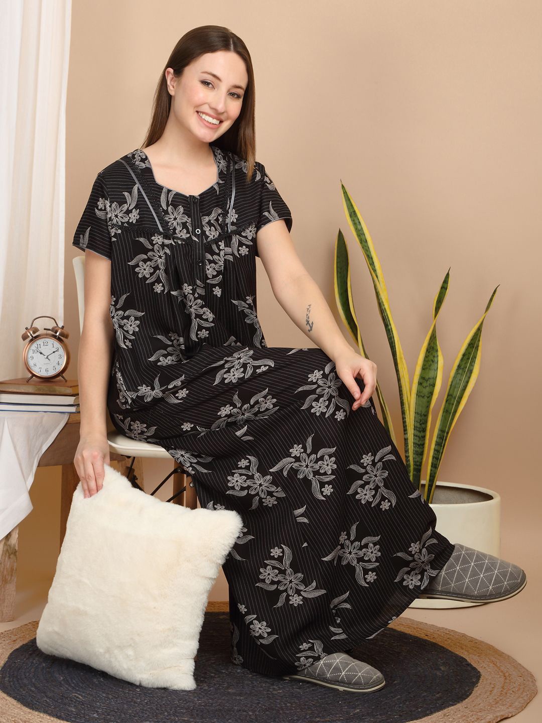 

Sweet Dreams Women Printed Maxi Nightdress, Grey