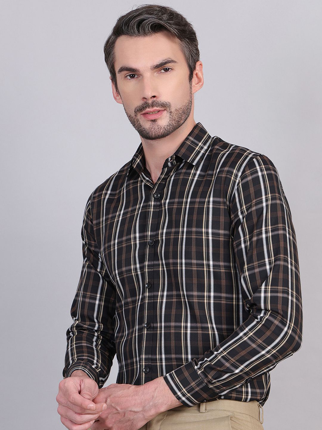 

Indian Needle Men Classic Spread Collar Checked Cotton Formal Shirt, Black