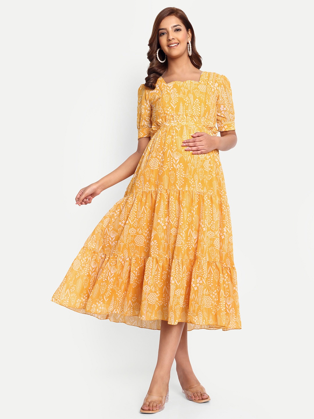 

THOTTIL Women Floral Printed Cotton Maternity Midi Fit and Flare Dress, Yellow