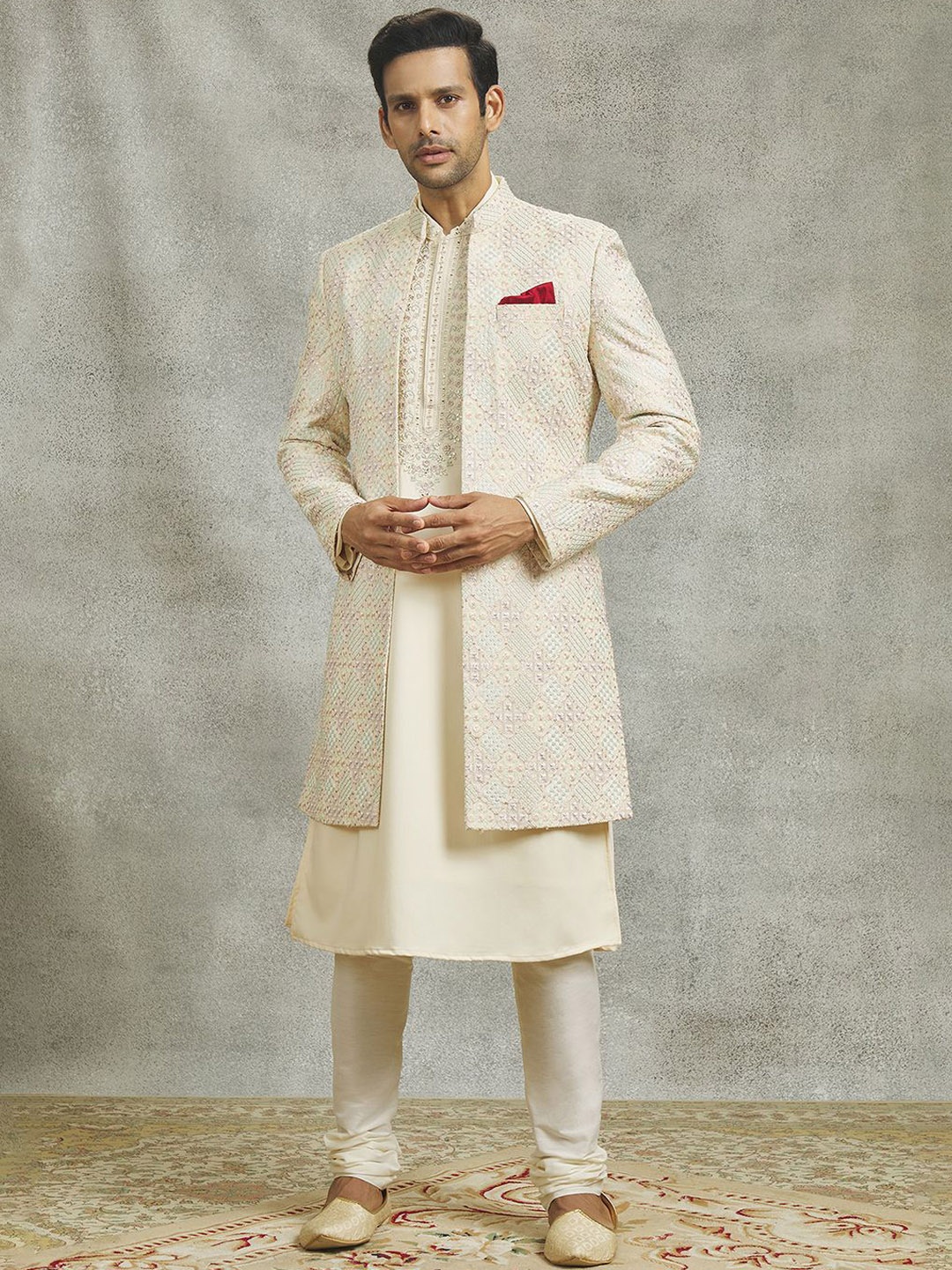 

Alaya Advani Men Mughal Flora Art Embroidered Sherwani Set, Cream