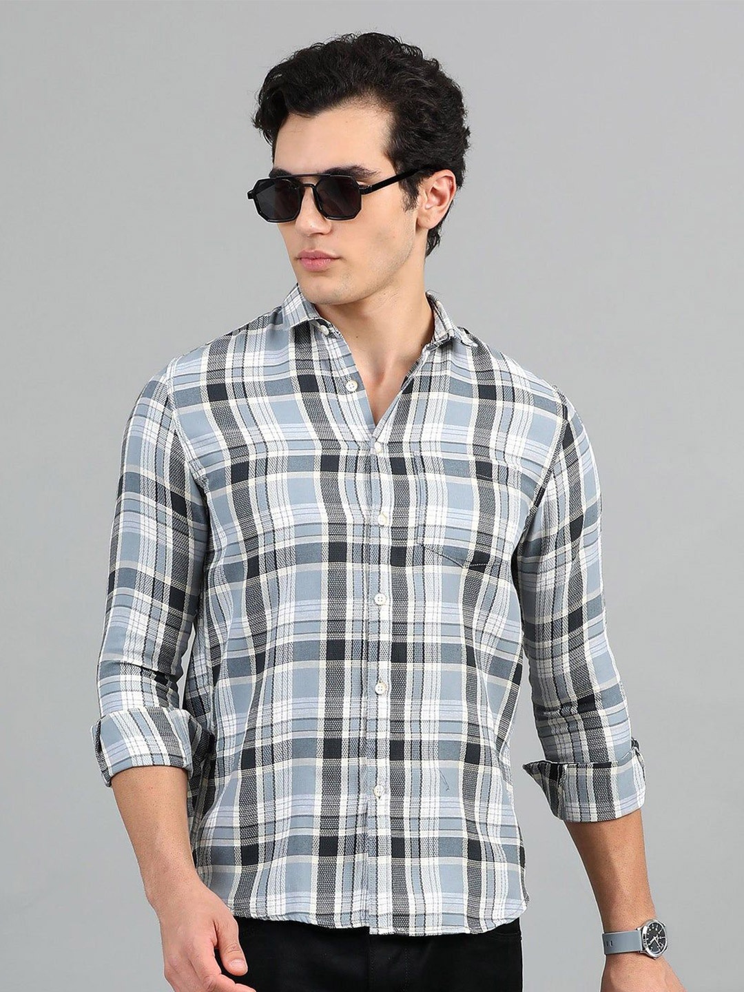 

HOUSE OF MAHNOTS Men Classic Spread Collar Tartan Checked Cotton Casual Shirt, Grey