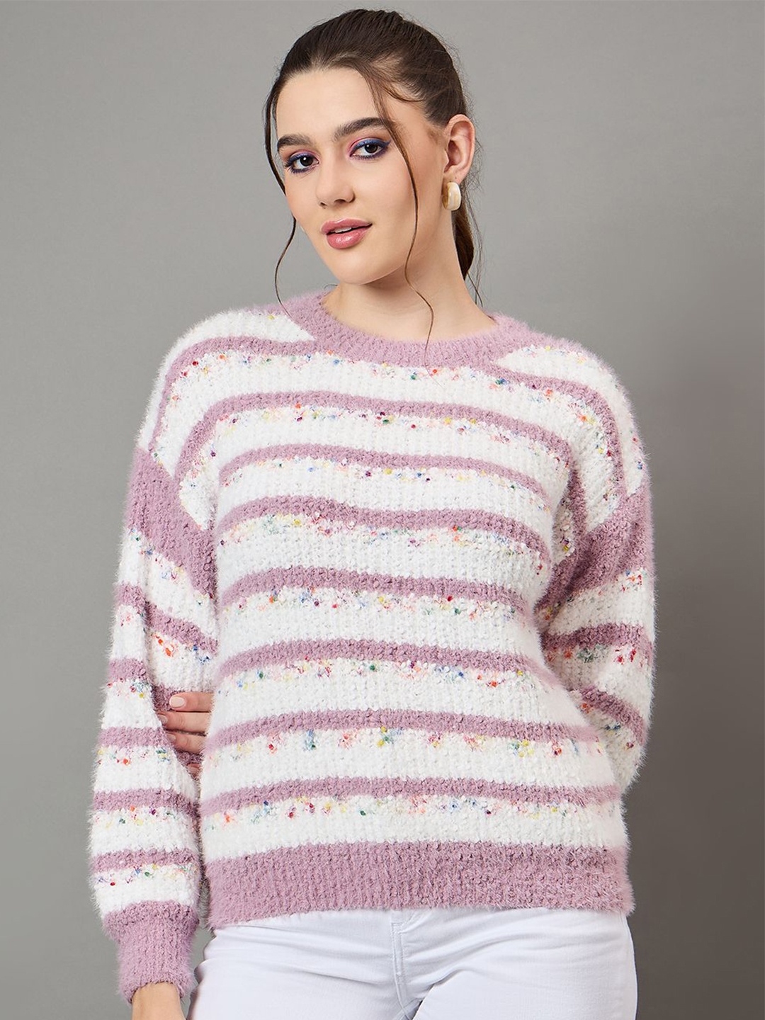 

KASMA Women Striped Woollen Pullover Sweaters, Purple