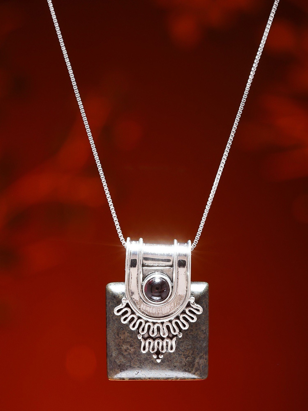 

Exotic India Silver-Plated Square Shape Kambaba Jasper Stainless Steel Pendant