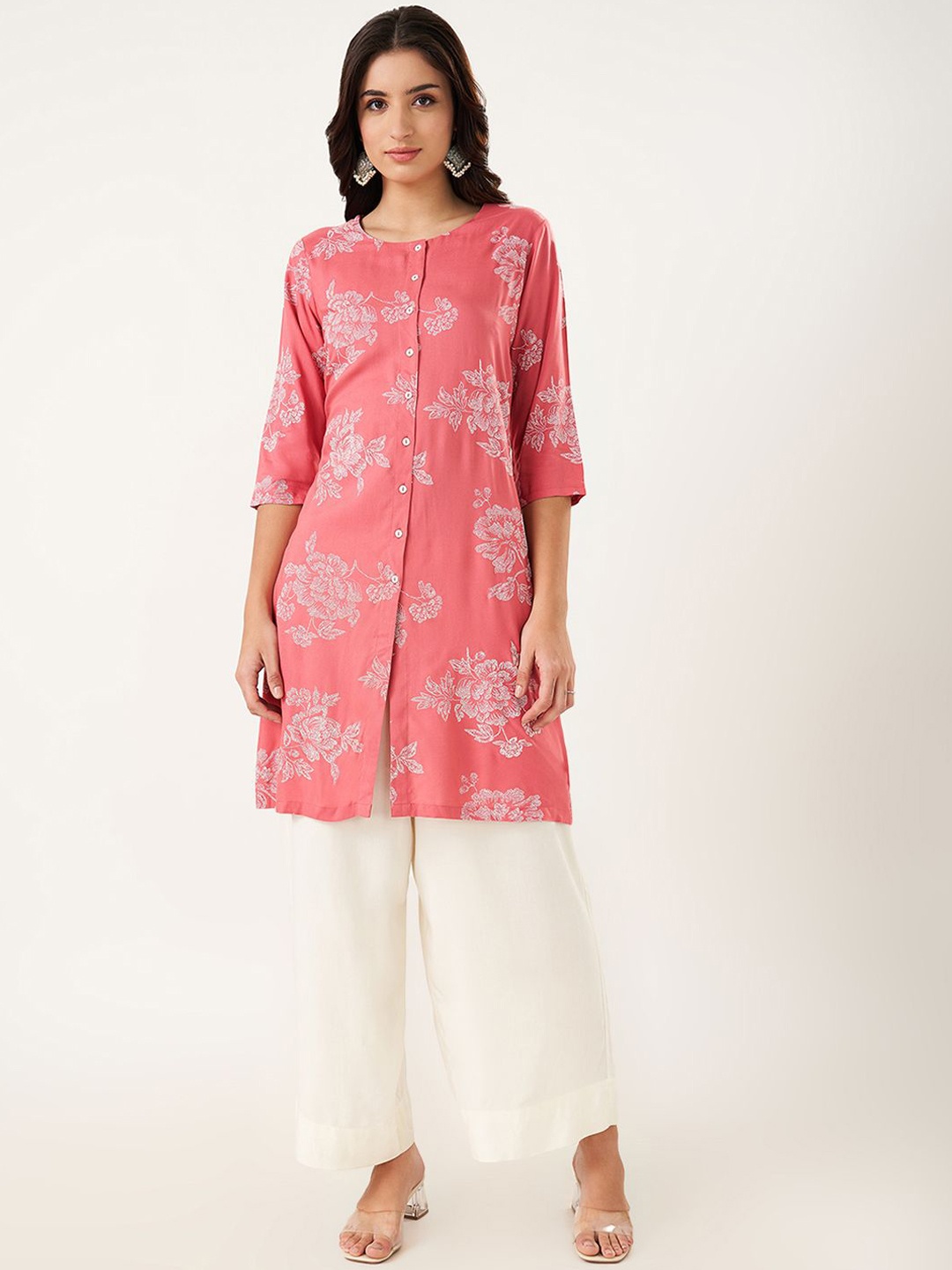 

RANGMANCH BY PANTALOONS Floral Printed Regular Straight Kurta, Peach