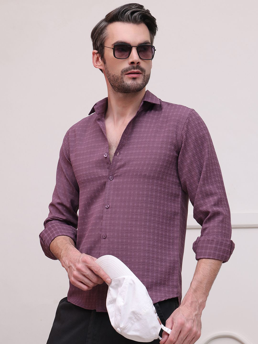 

Indian Needle Men Classic Spread Collar Textured Cotton Casual Shirt, Purple