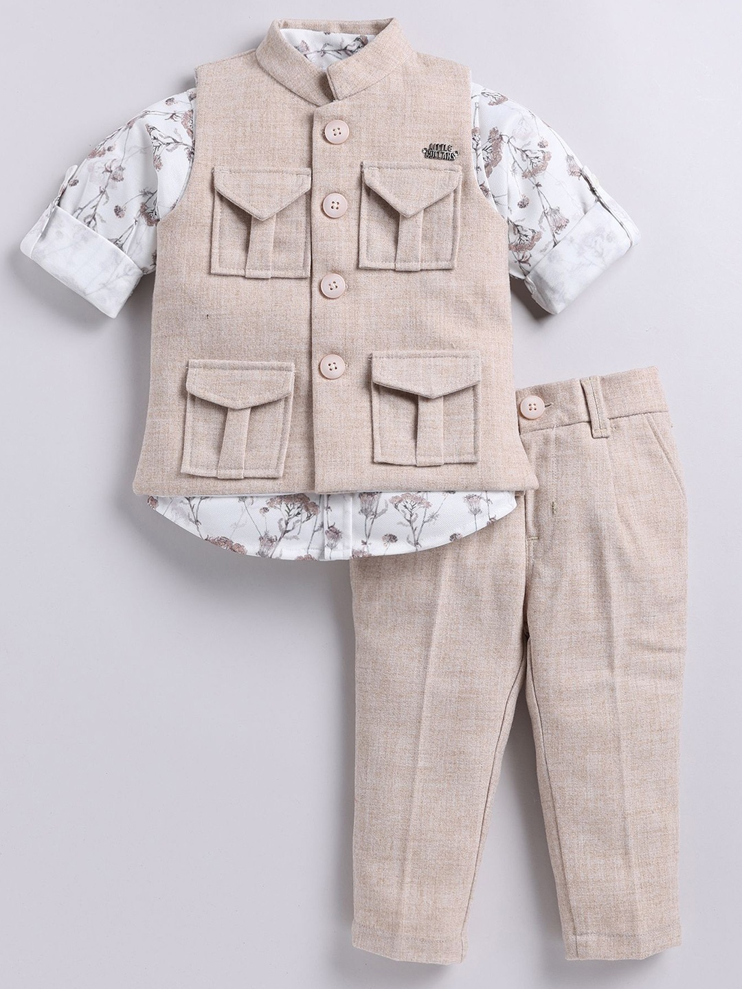 

LITTLE COLLARS Boys 3 piece Printed Suits, Beige