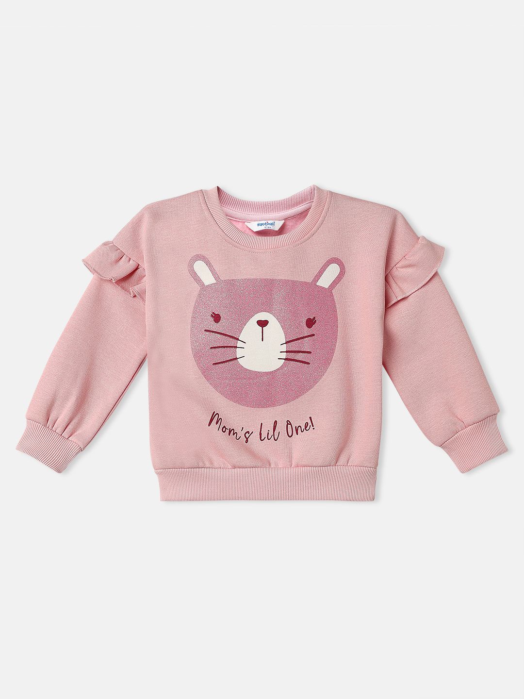 

Nauti Nati Girls Cat Print Full Sleeves Fleece Sweatshirt, Pink