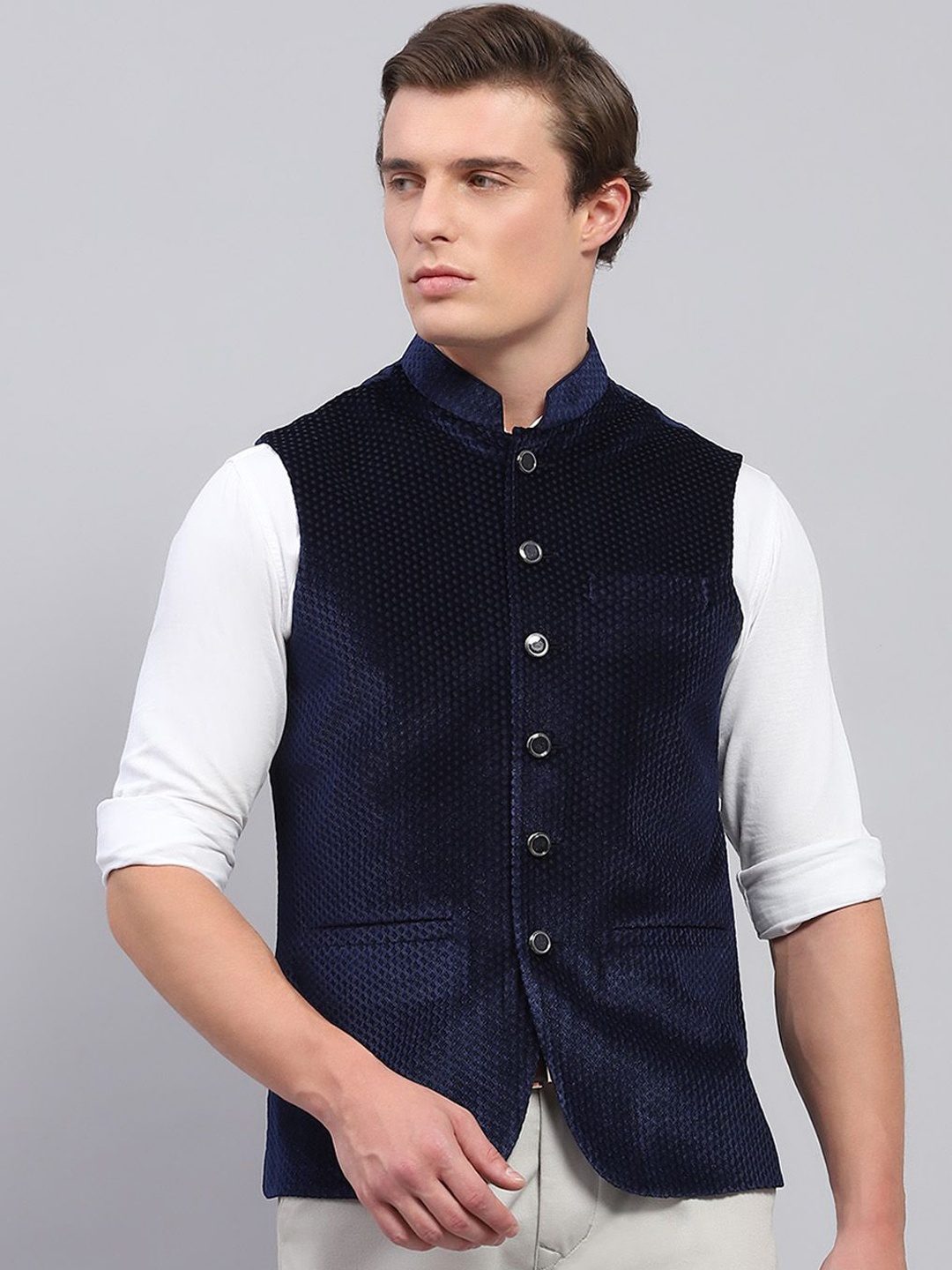 

Monte Carlo Men Woven Design Nehru Jackets, Navy blue