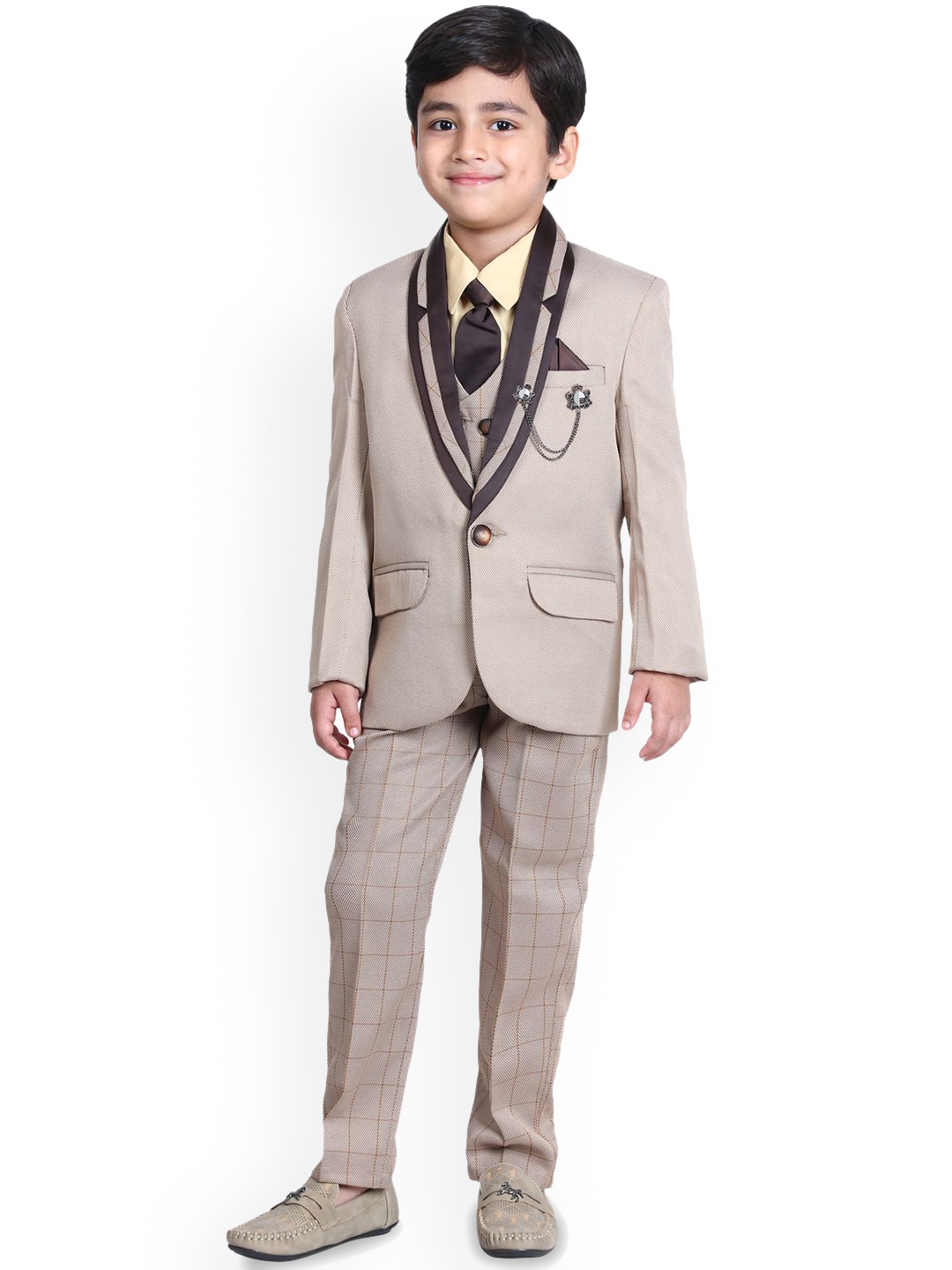 

BAESD Boys Checked Single-Breasted Five-Piece Suit, Khaki