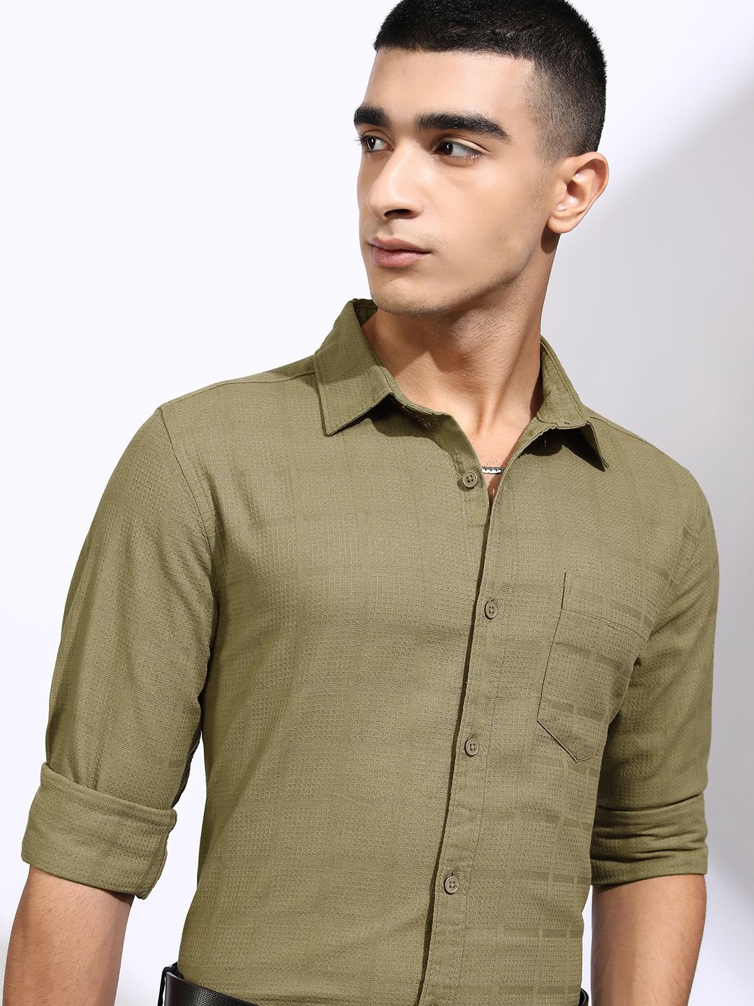 

HIGHLANDER Men Dobby Textured Solid Cuban Collar Regular Fit Shirt, Olive