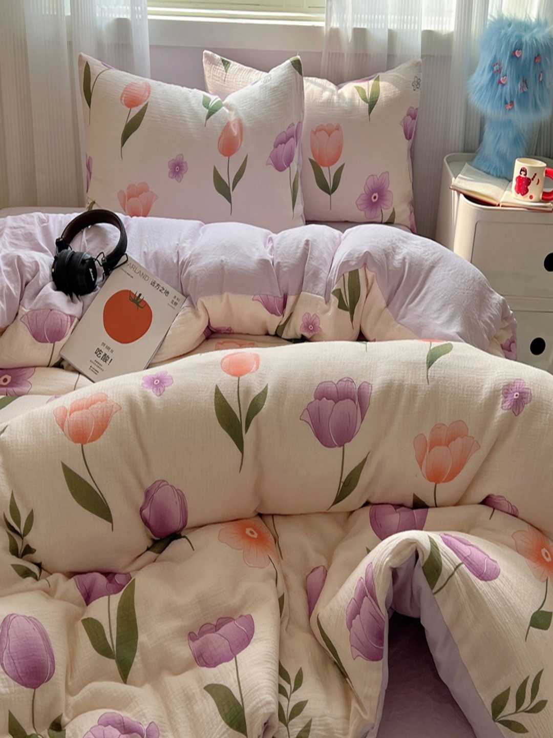 

JC HOME Purple & Green Floral Polycotton 3 Piece Double King Regular Bedding Set