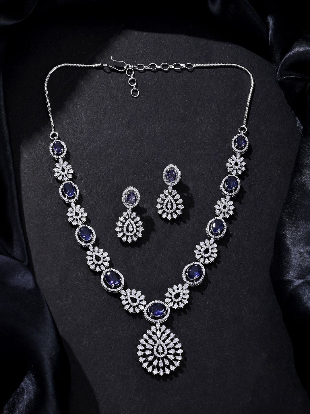 

Voylla Rhodium-Plated American Diamond Stone Studded Jewellery Set, Silver