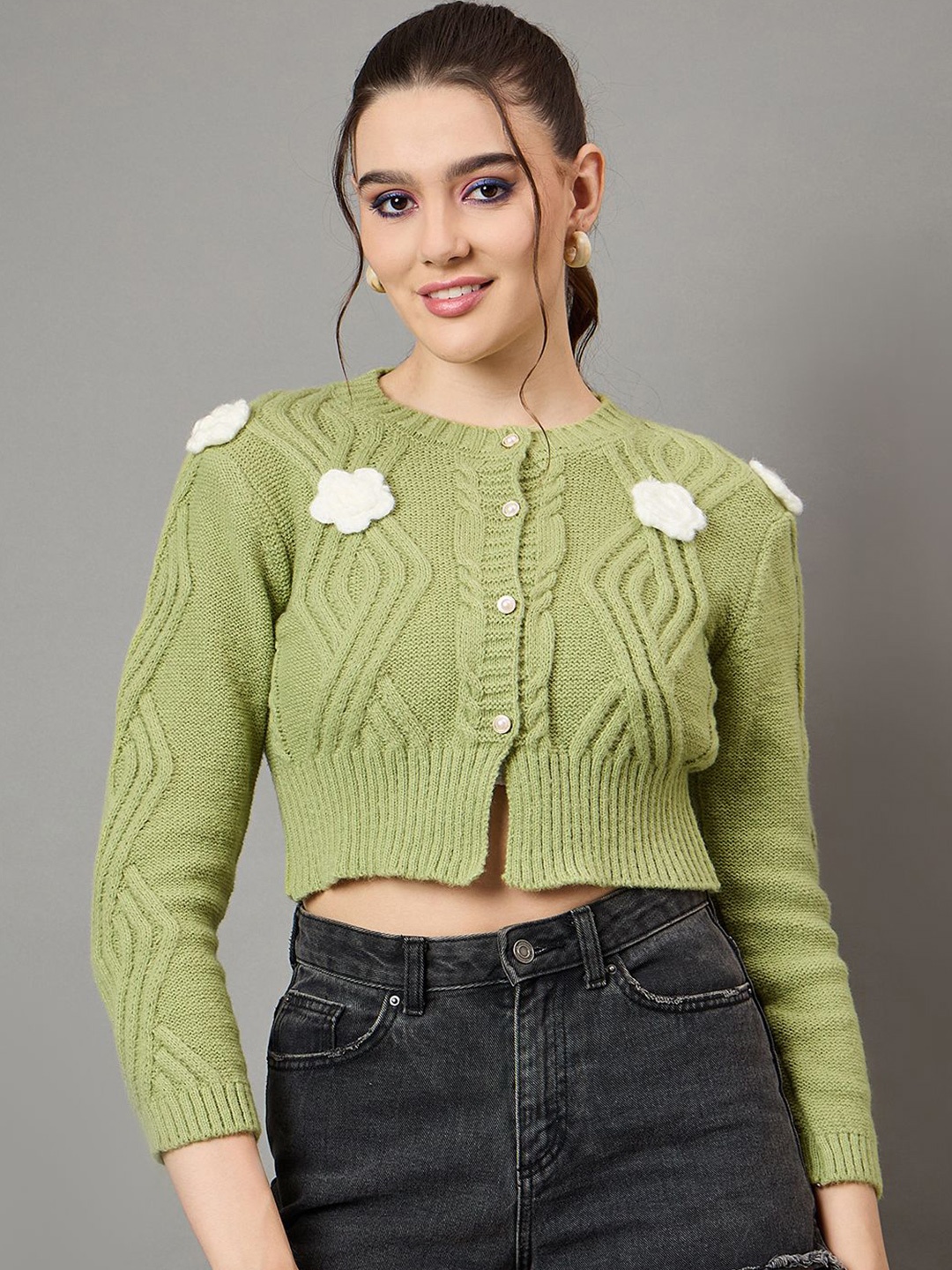 

KASMA Women Floral Applique Woollen Crop Cardigan, Green