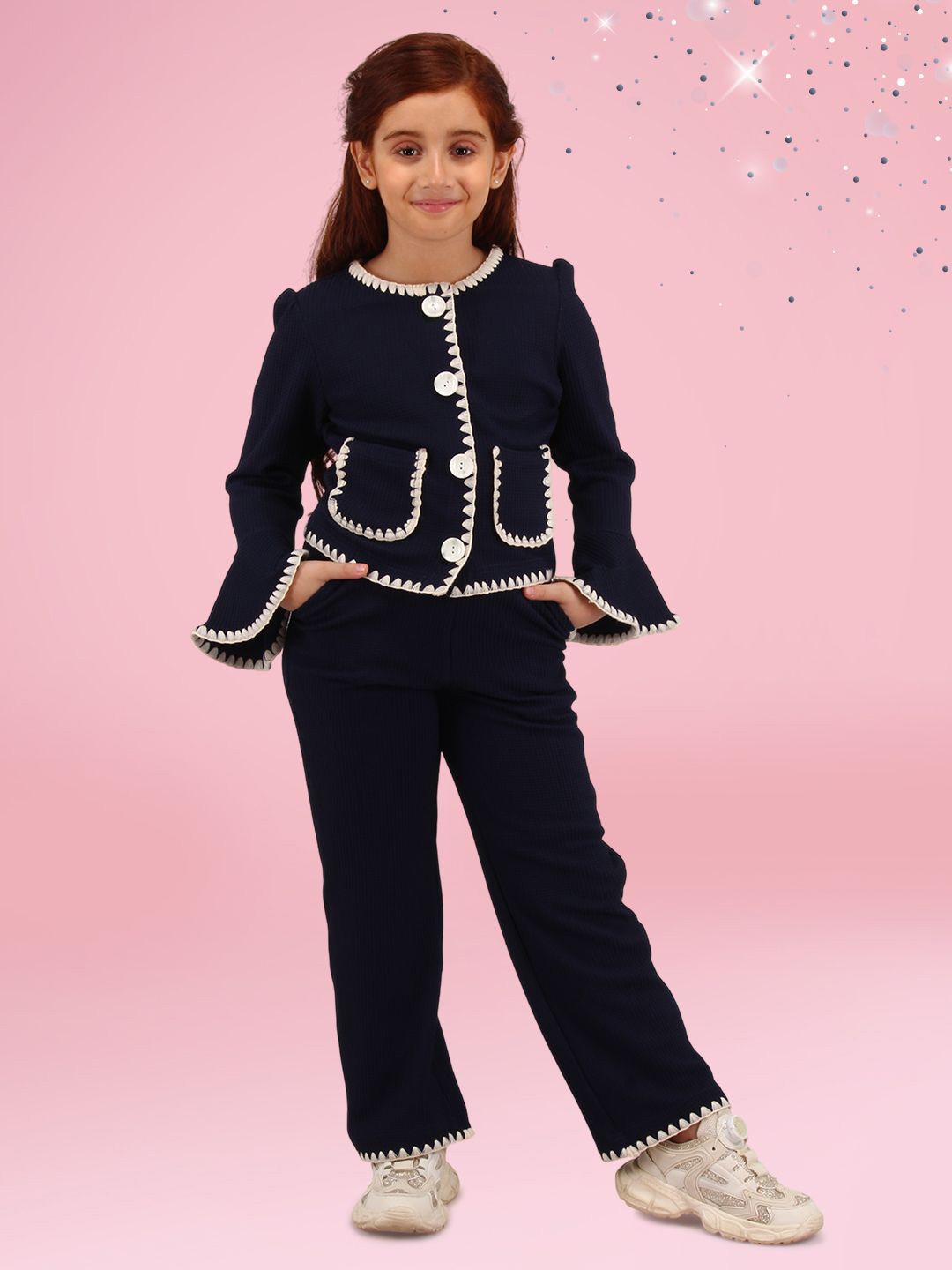 

CUTECUMBER Girls Self Design Coat with Trousers, Navy blue