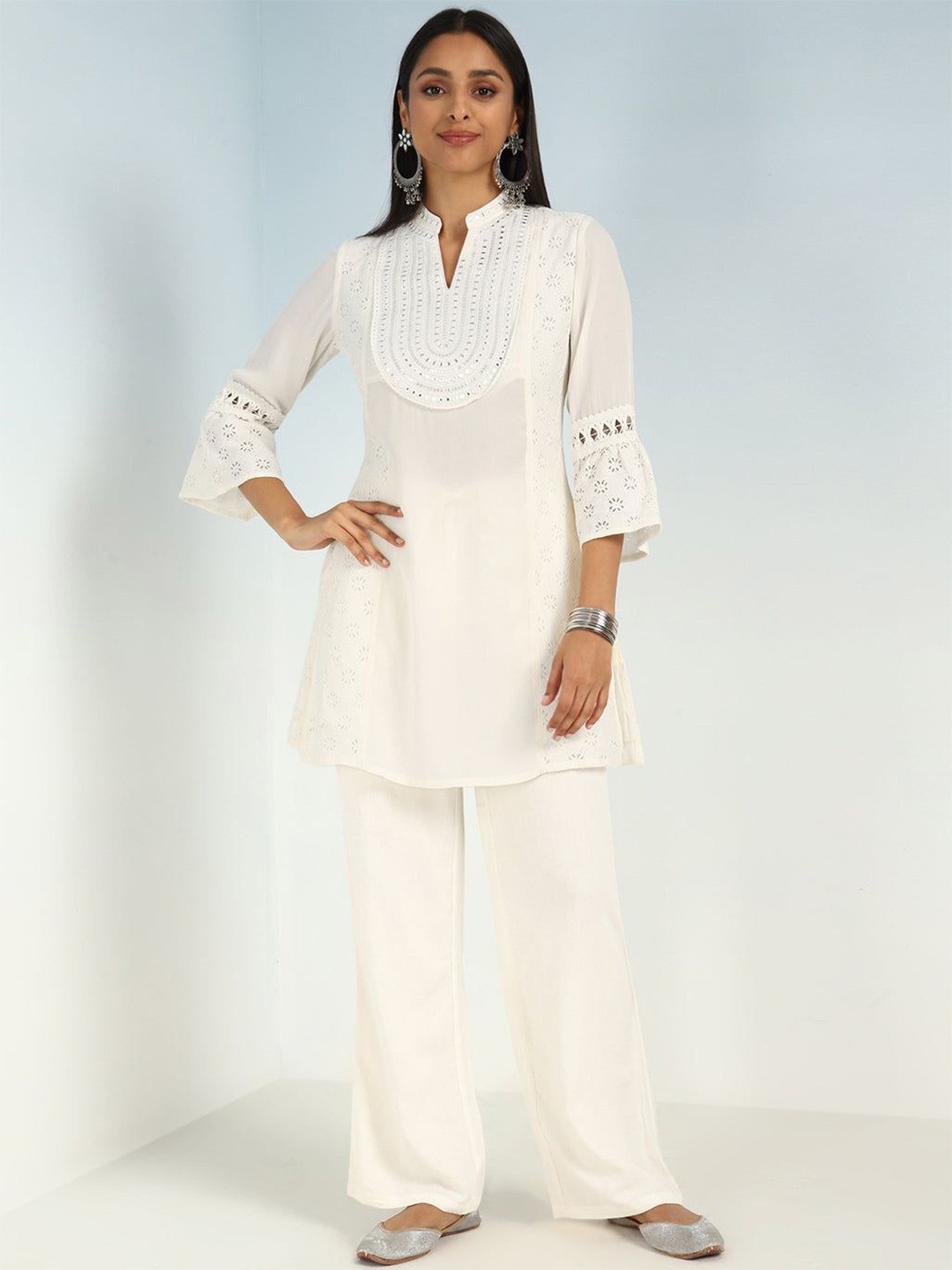 

Lakshita Women Cotton Mandarin Collar Embroidered Tunic, Off white
