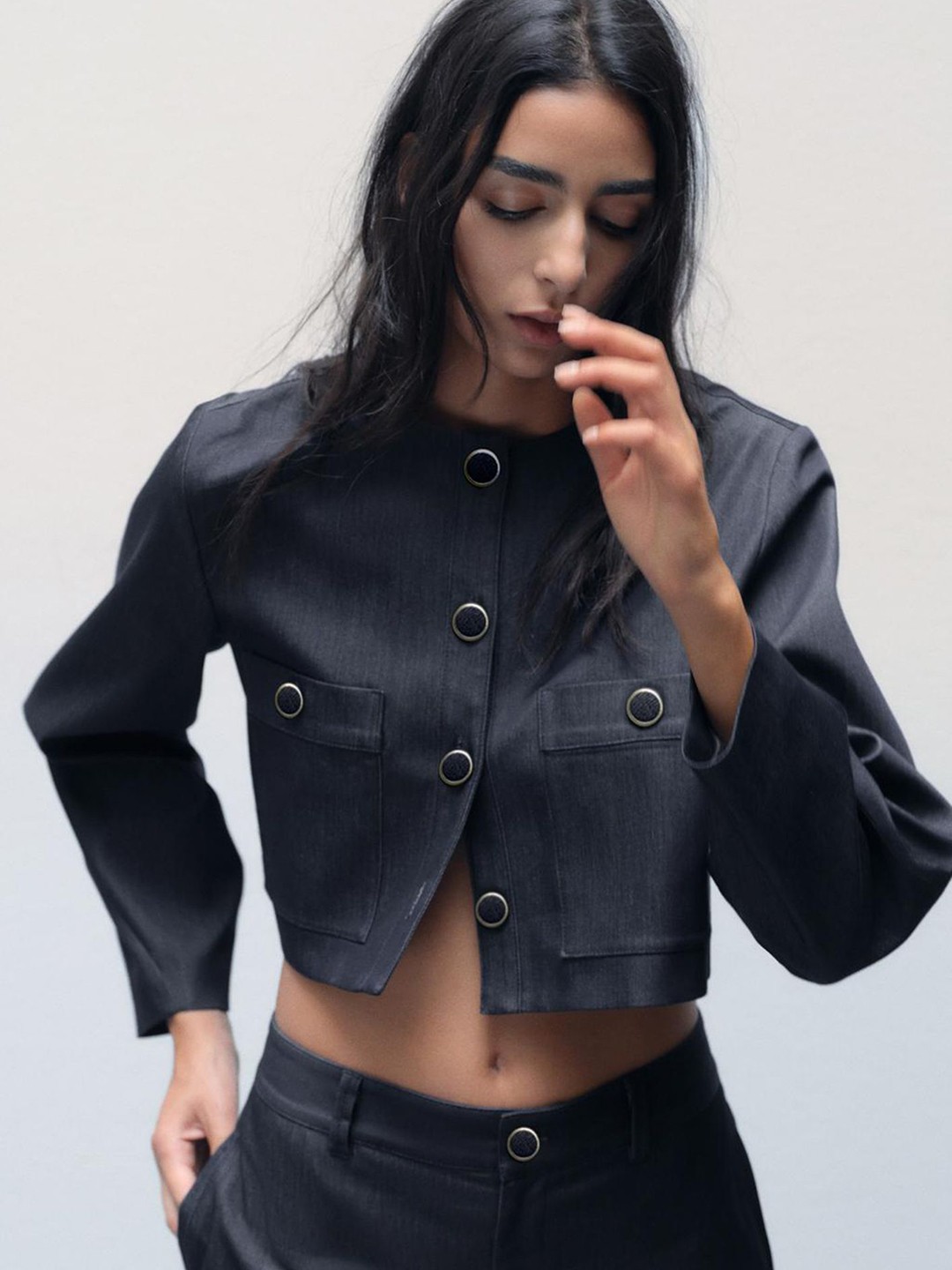 

LULU & SKY Women Washed Striped without Crop Tailored Jacket, Navy blue