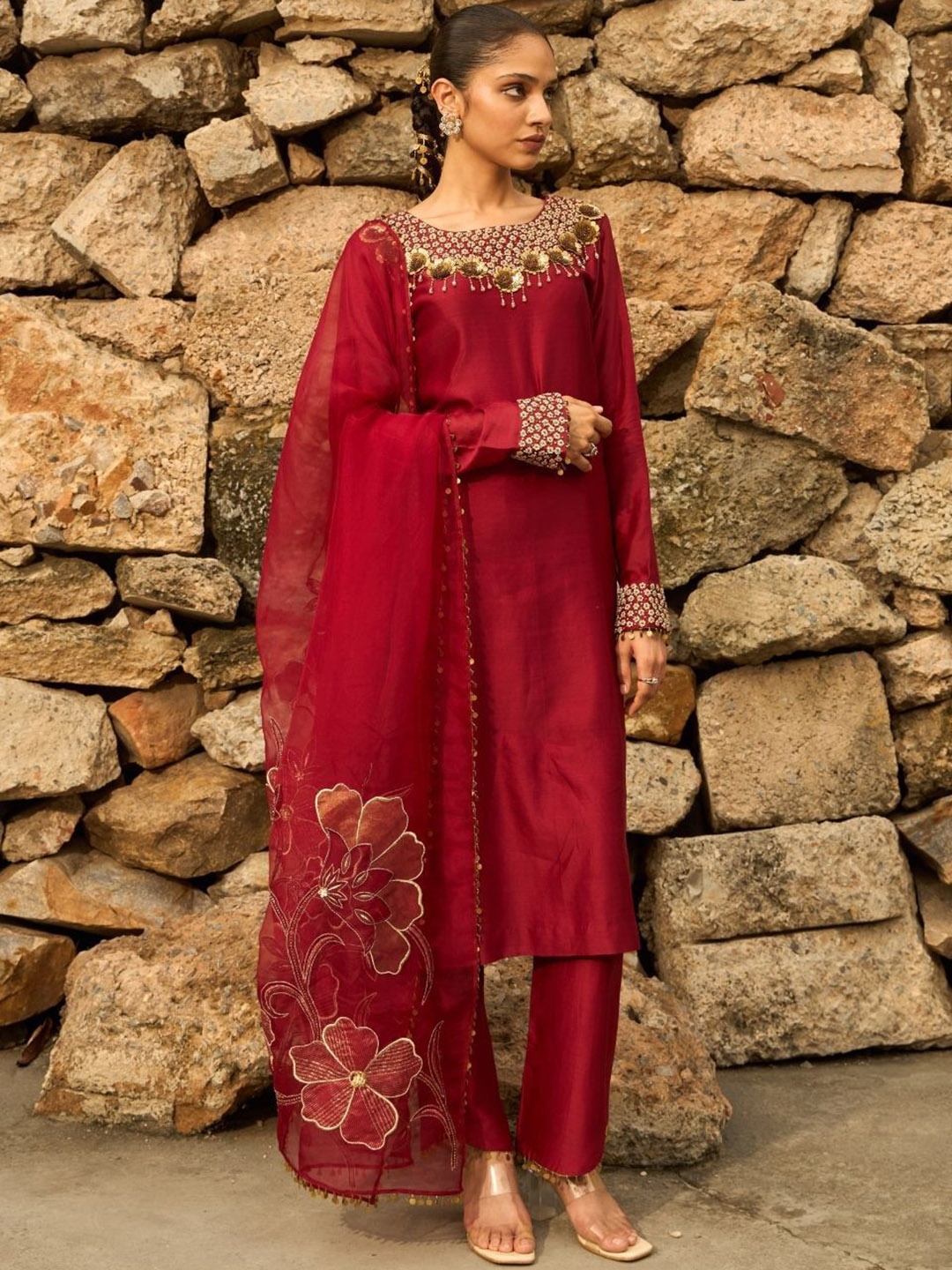 

Shreeka Women Embroidered Kurta With Trousers & Dupatta, Red