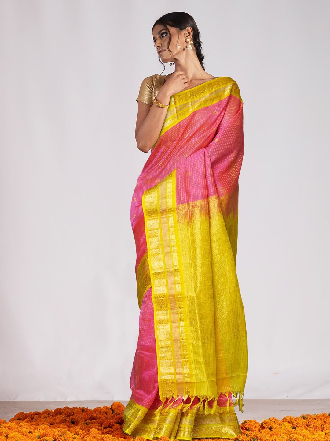 

Unnati Silks Woven Design Silk Cotton Handloom Kanjeevaram Saree, Coral