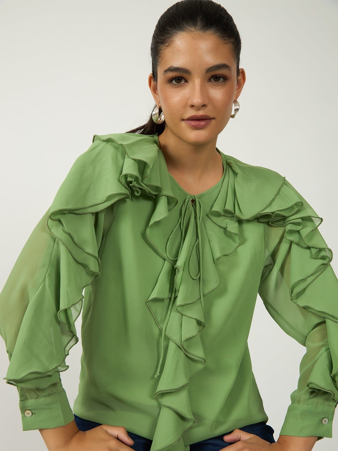 

Virgio Women Rescued Poly V-Neck Regular Length Solid Cuff Sleeve Top, Green