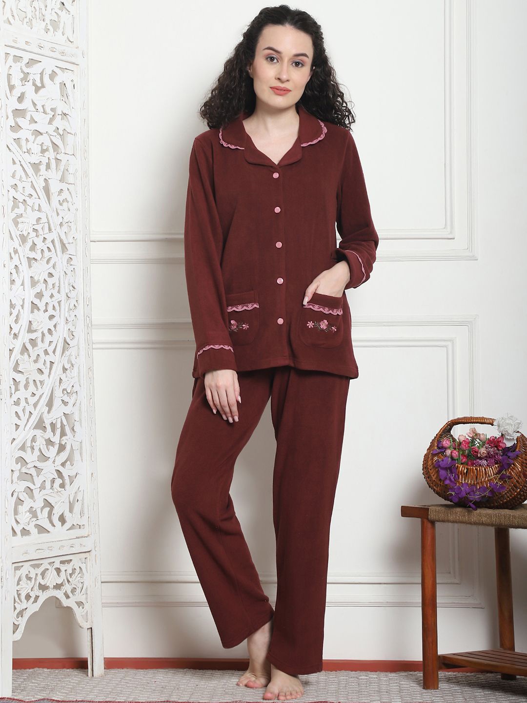 

Kanvin Women Floral Embroidered Slip On Night suit, Brown