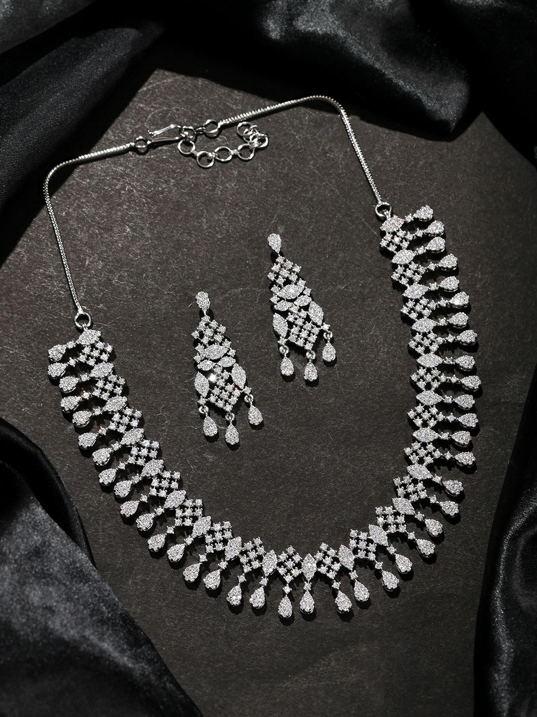 

Voylla Rhodium-Plated American Diamond Studded Jewellery Set, Silver