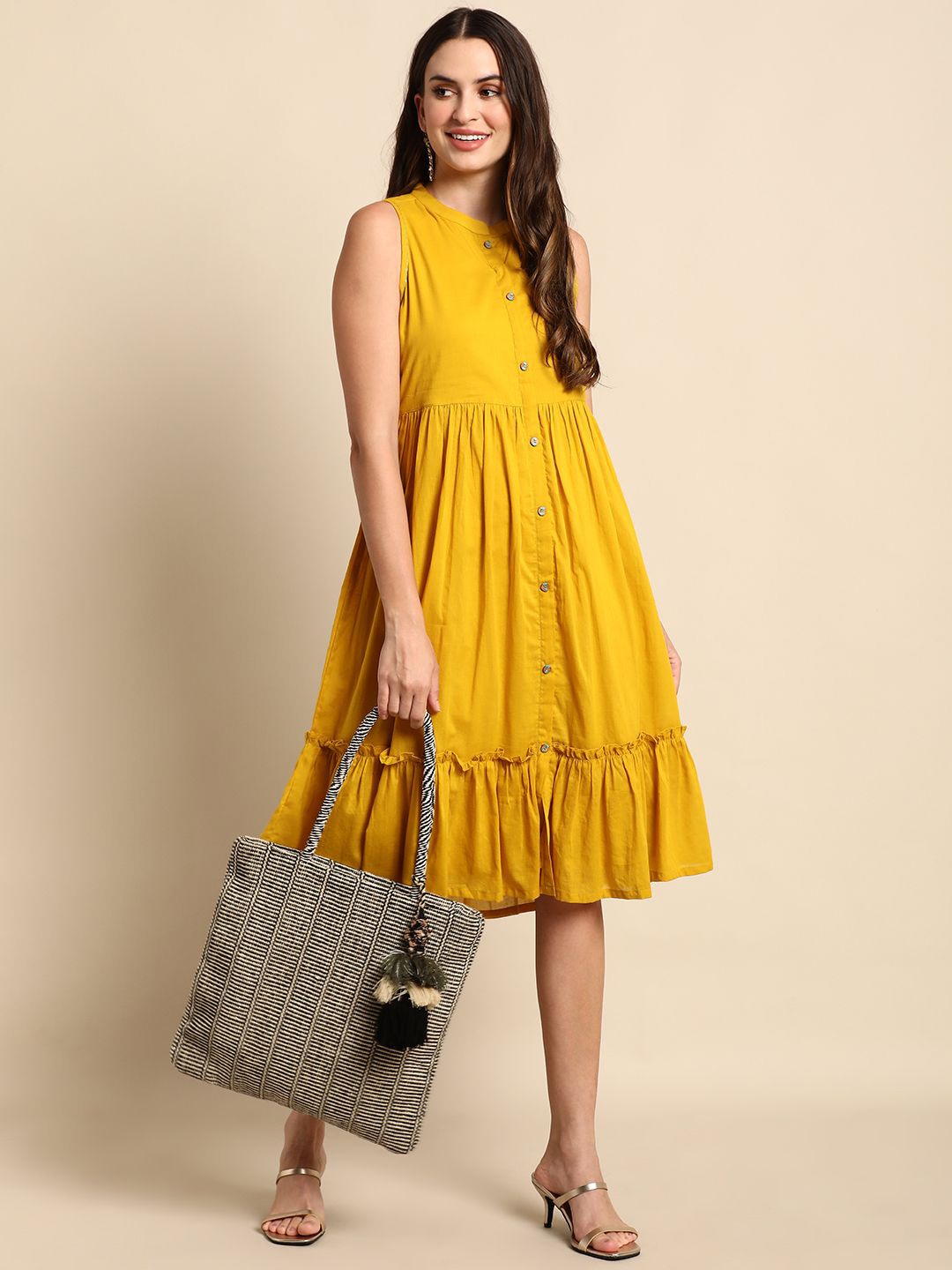 

KALINI Women Cotton Fit & Flare Midi Dress, Mustard