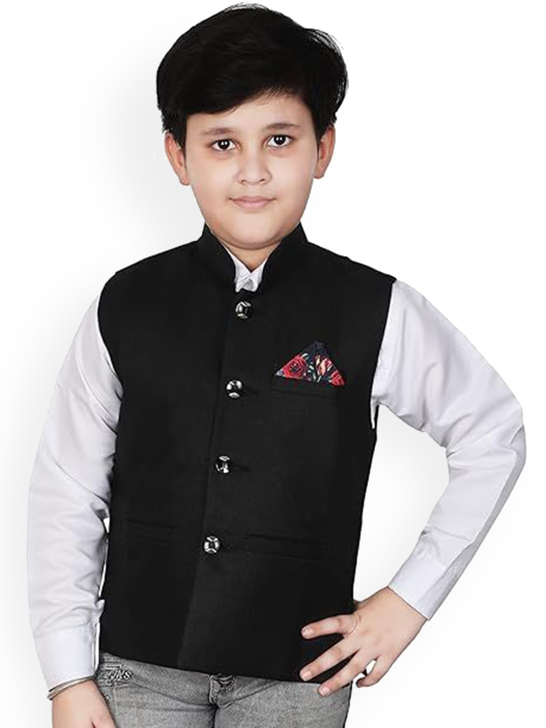 

Eliq Boys Sleeveless Nehru Jacket, Black