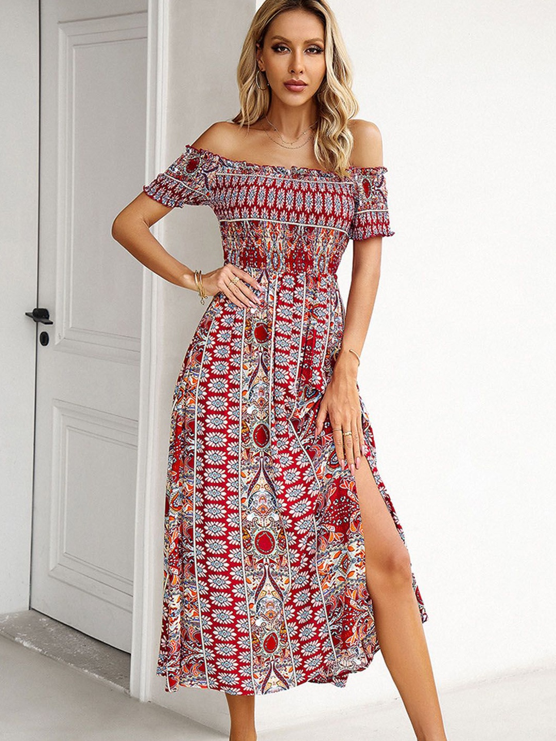 

StyleCast Womens Ethnic Motifs Printed Off-Shoulder Fit & Flare Midi Dress, Red