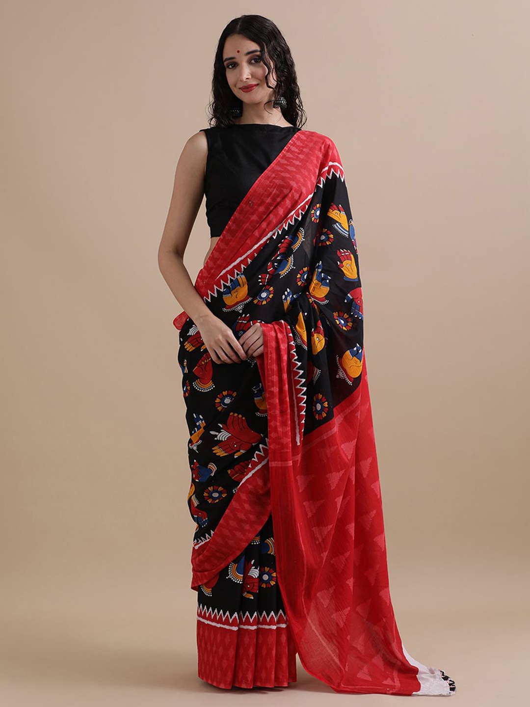 

Jaipur Kurti Floral Pure Cotton Saree, Black