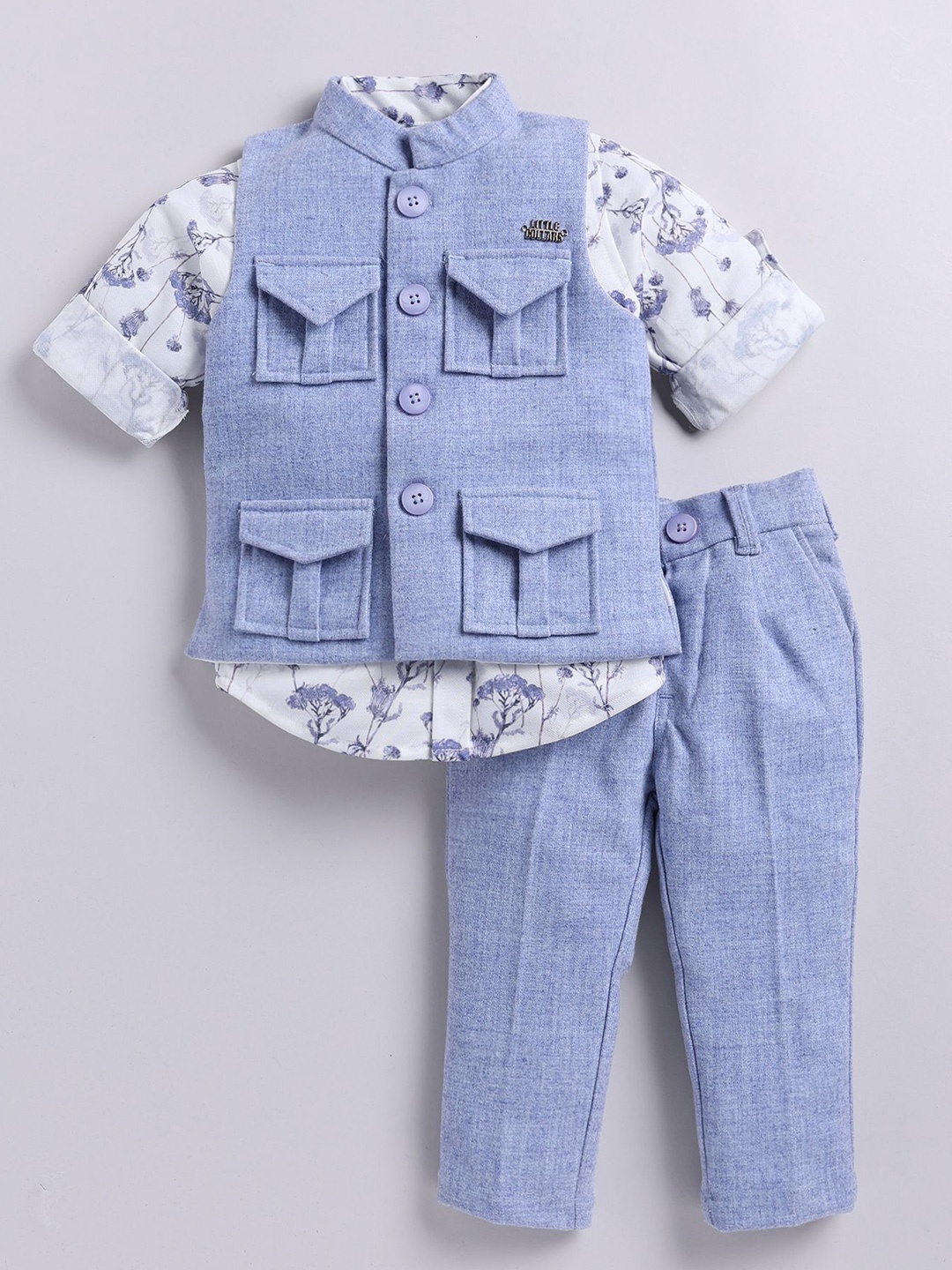 

LITTLE COLLARS Boys Floral Printed Shirt Collar Shirt With Trouser With Nehru Jacket, Blue