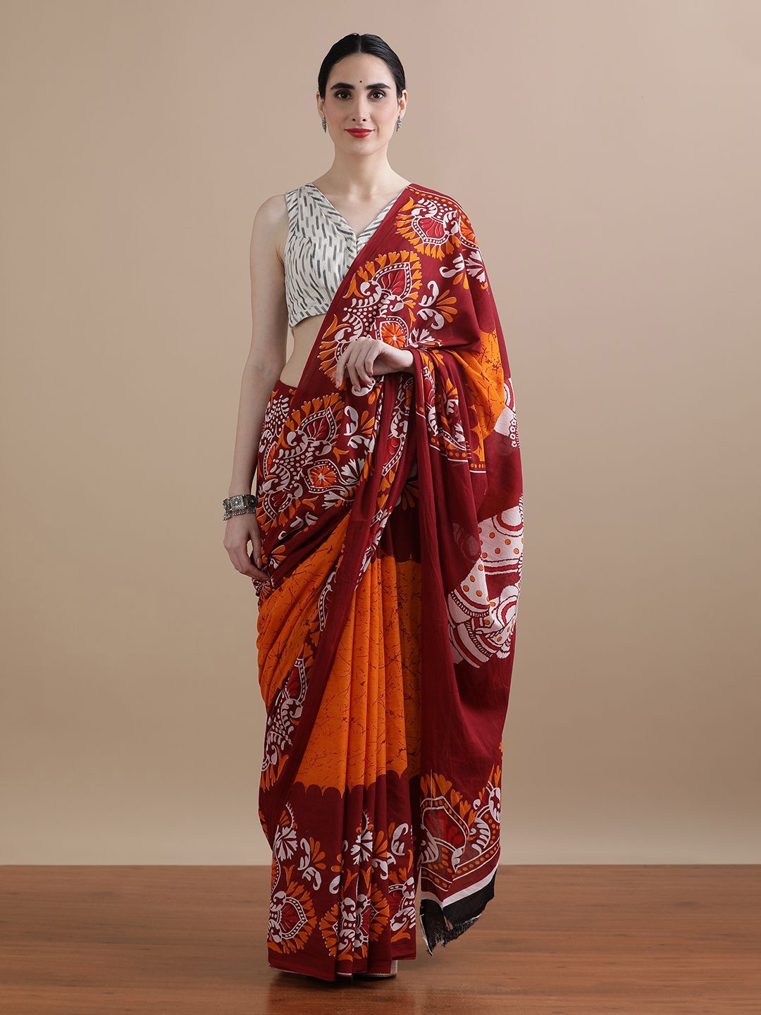 

Jaipur Kurti Floral Printed Pure Cotton Saree, Orange