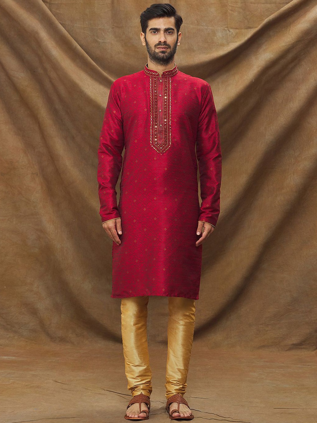 

Samyukta Singhania Floral Woven Design Mirror Work Straight Kurta with Churidar, Maroon