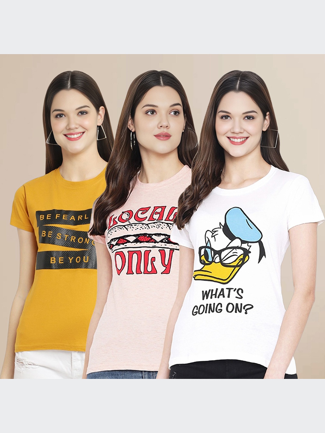 

Metronaut Women Pack Of 3 Typography Printed Round Neck Cotton Donald Duck T-shirts, Mustard