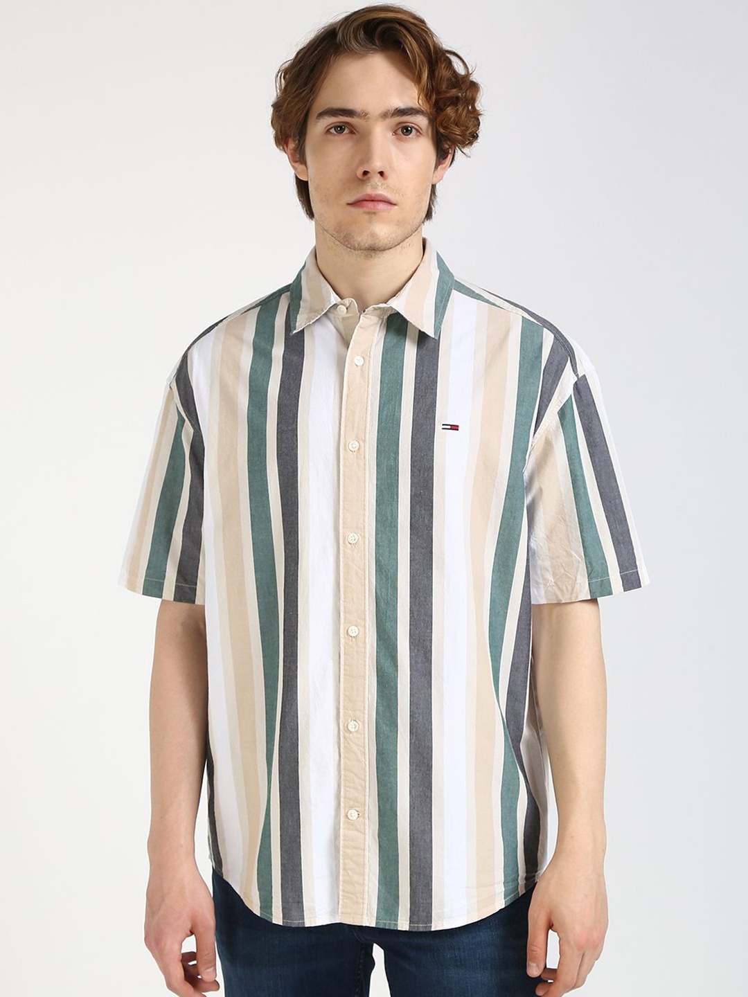 

Tommy Hilfiger Men Spread Collar Multi Striped Cotton Casual Shirt, Beige