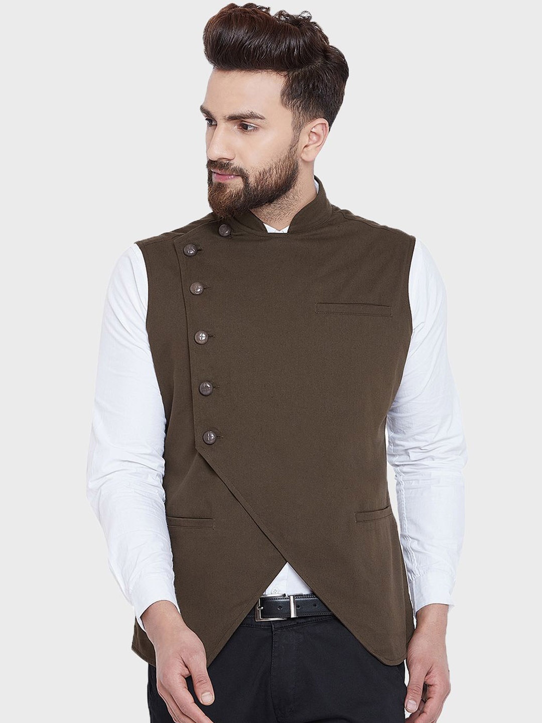 

Hypernation Mandarin Collar Pure Cotton Nehru Jacket, Brown