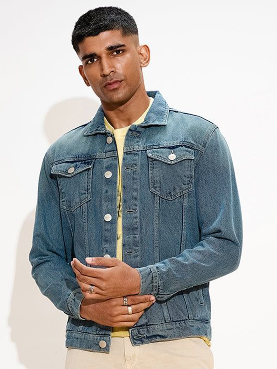 

FREAKINS Men Washed Crop Denim Jacket, Blue