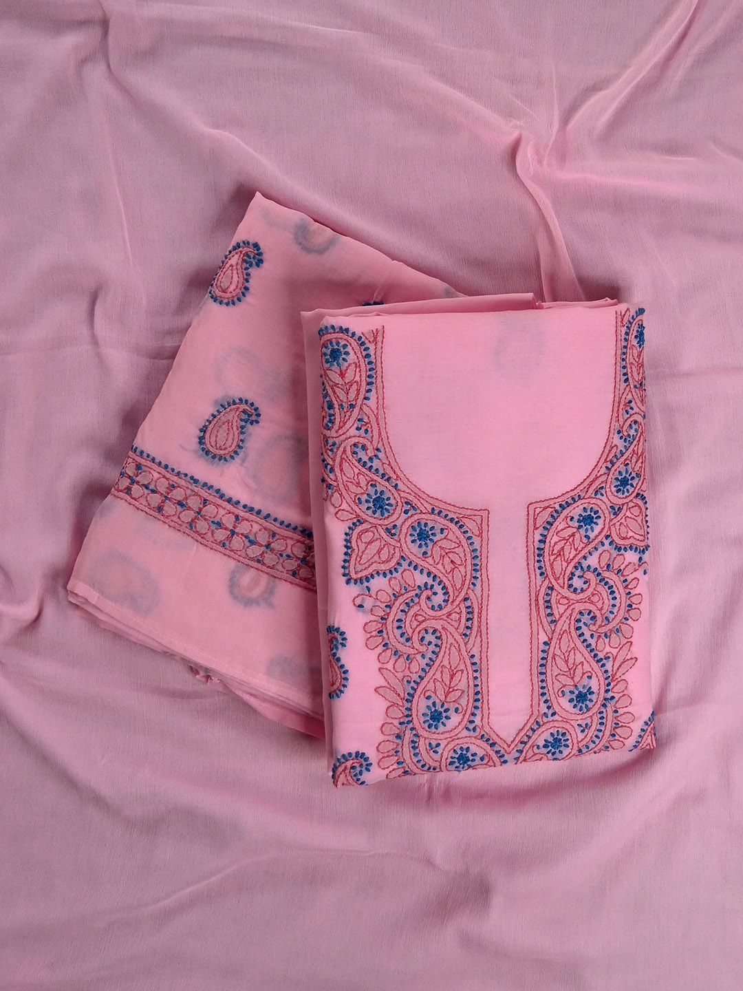 

Seva Chikan Paisley Embroidered Unstitched Dress Material, Pink