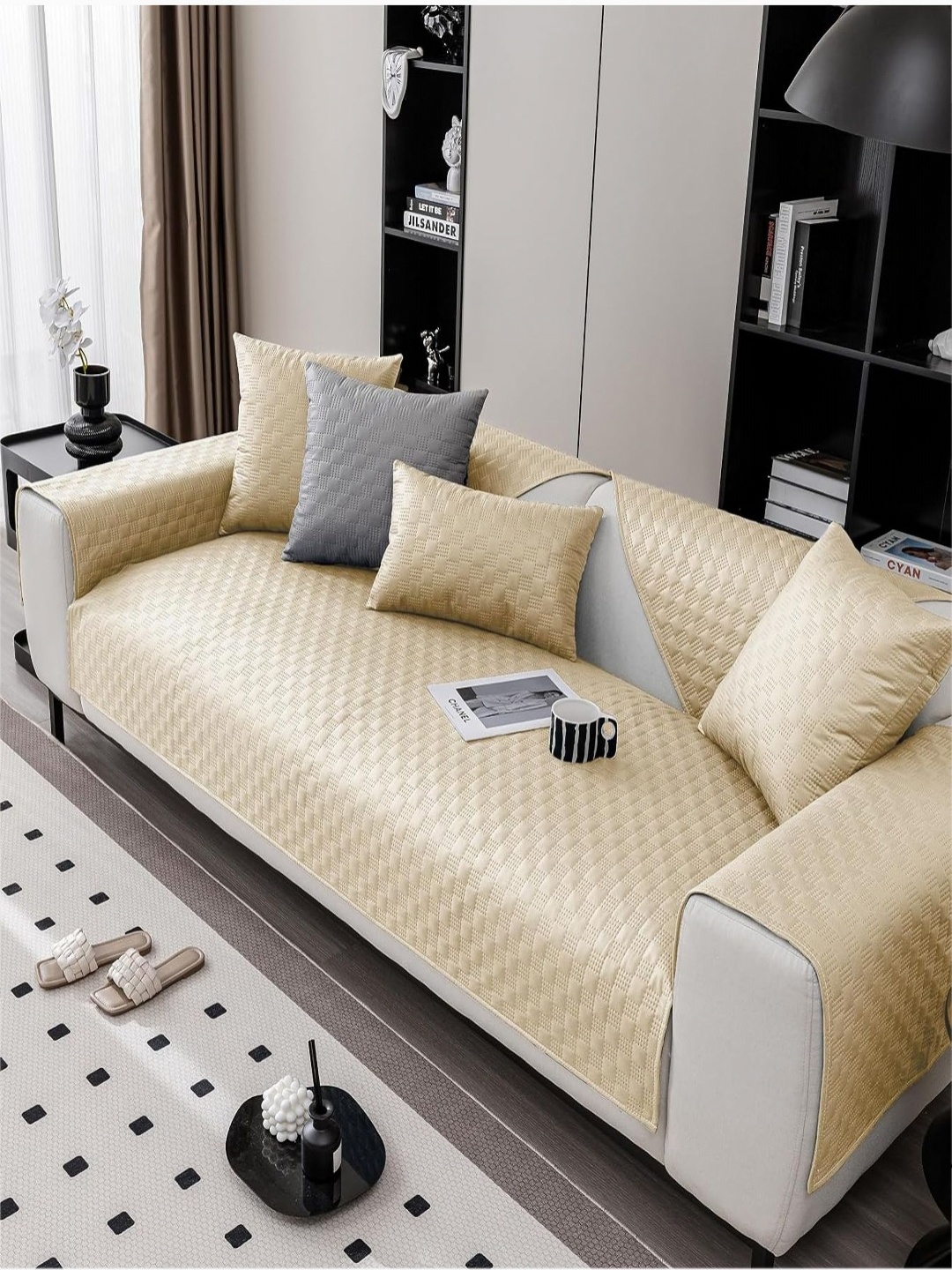 

House of Quirk Khaki Self Design Four Seater Waterproof Anti-Slip Stretch Sofa Cover