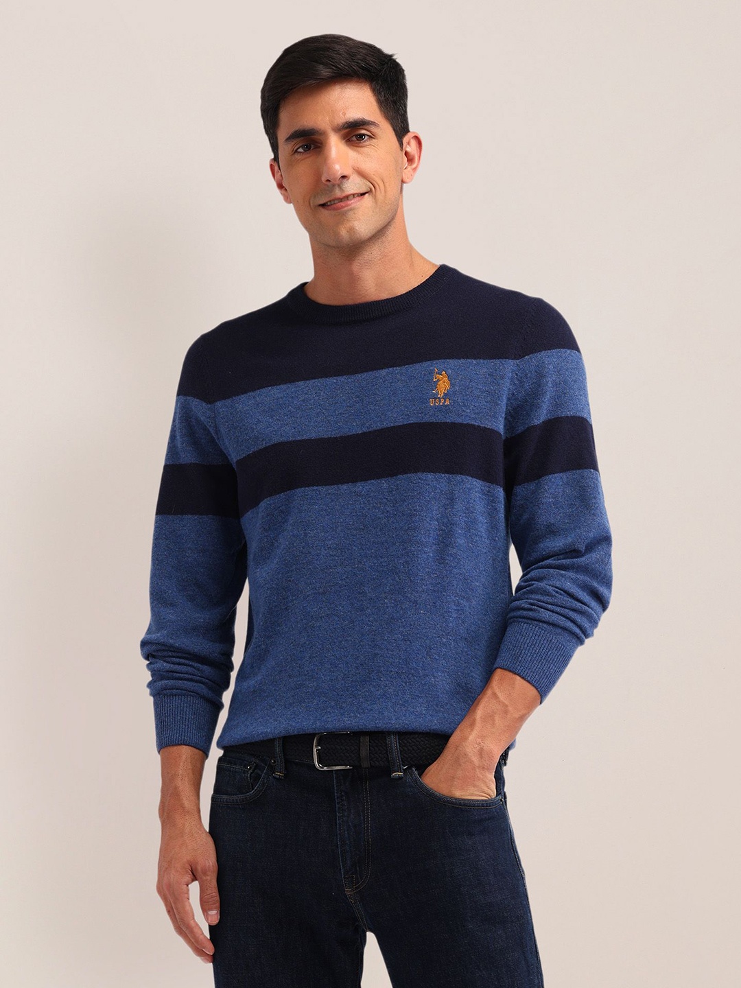 

U.S. Polo Assn. Men Colourblocked Woollen Pullover, Blue