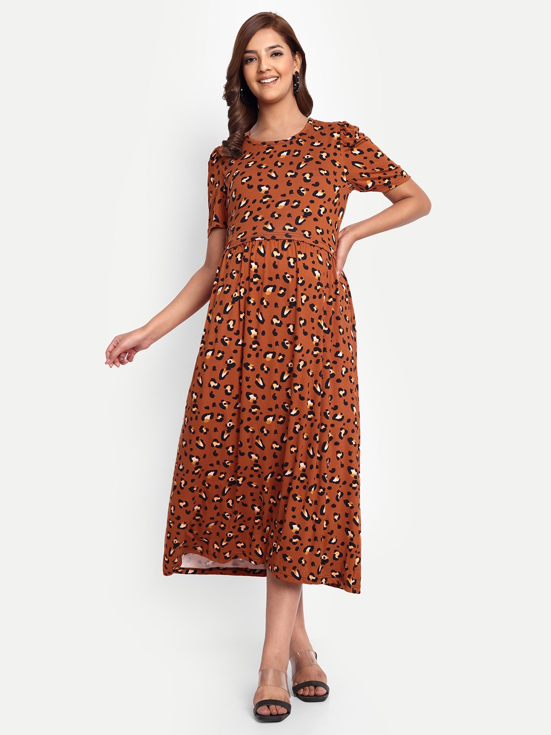 

THOTTIL Women Animal Printed Maternity Cotton Fit & Flare Midi Dress, Brown