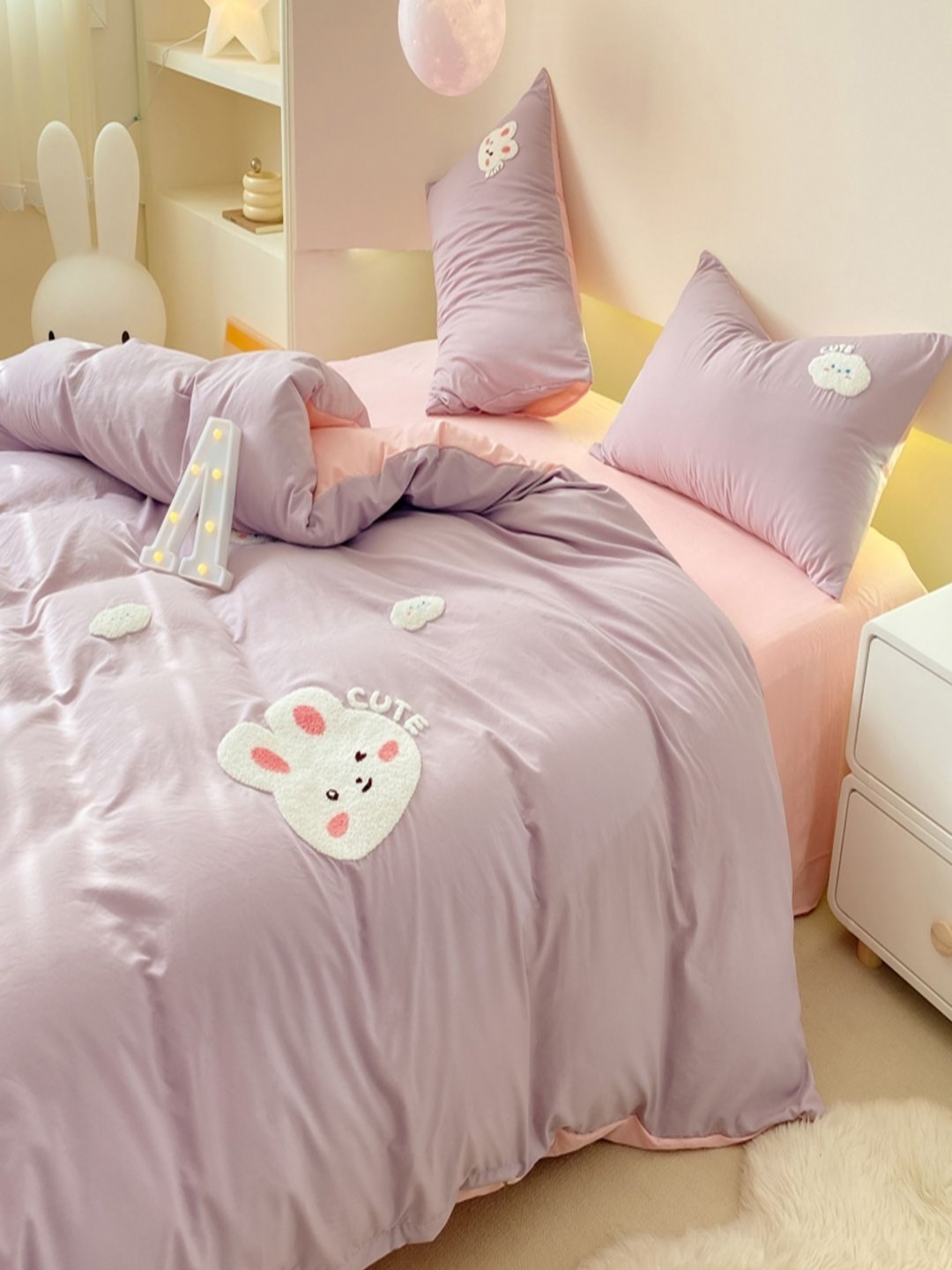 

JC HOME Pink & Purple Cartoon Characters Polycotton 3 Piece Double Queen Regular Bedding Set