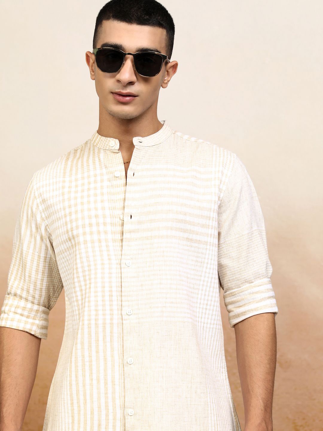 

Highlander Men Natural Enginee Checked Mandarin Collar Casual Regular Fit Shirt, Beige