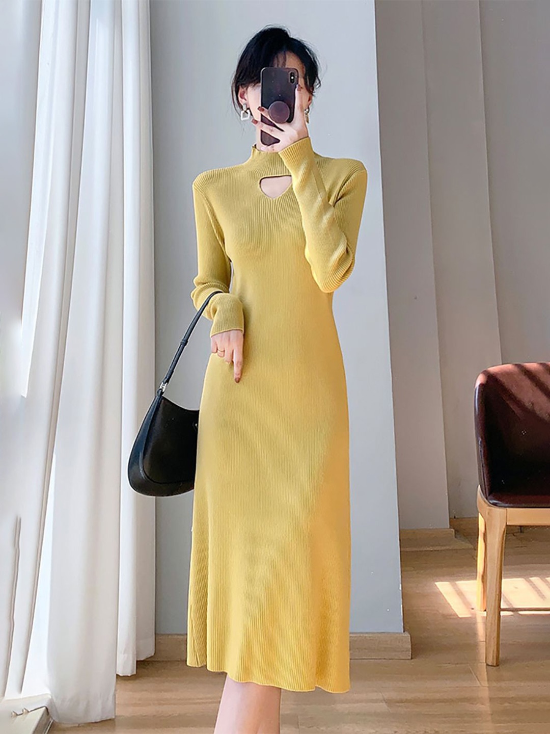 

StyleCast x Revolte Women Solid Sheath Midi Dress Detail Cut-Outs, Yellow