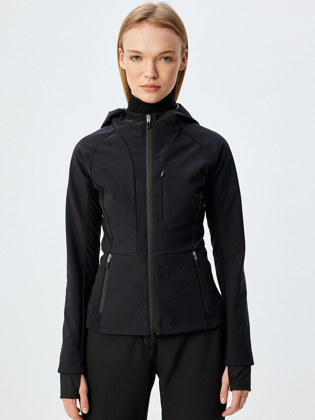 

Koton Women Hooded Self Design Casual Tailored Jacket, Black