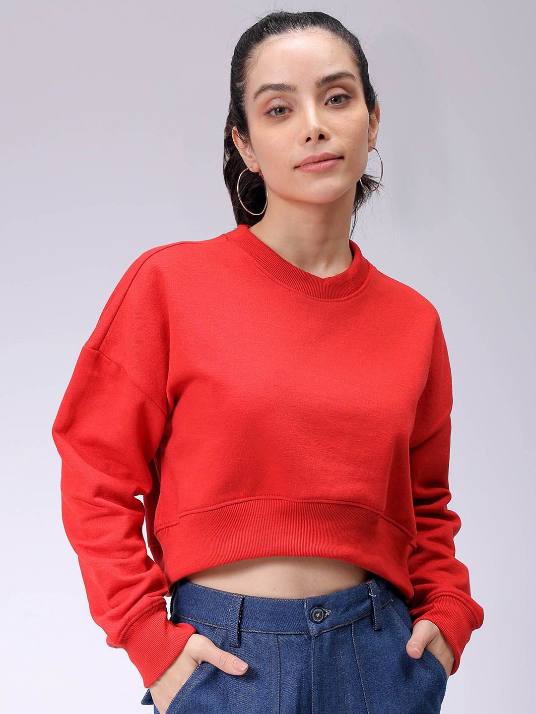 

Freehand by The Indian Garage Co Women Cotton Crop Sweatshirt, Red