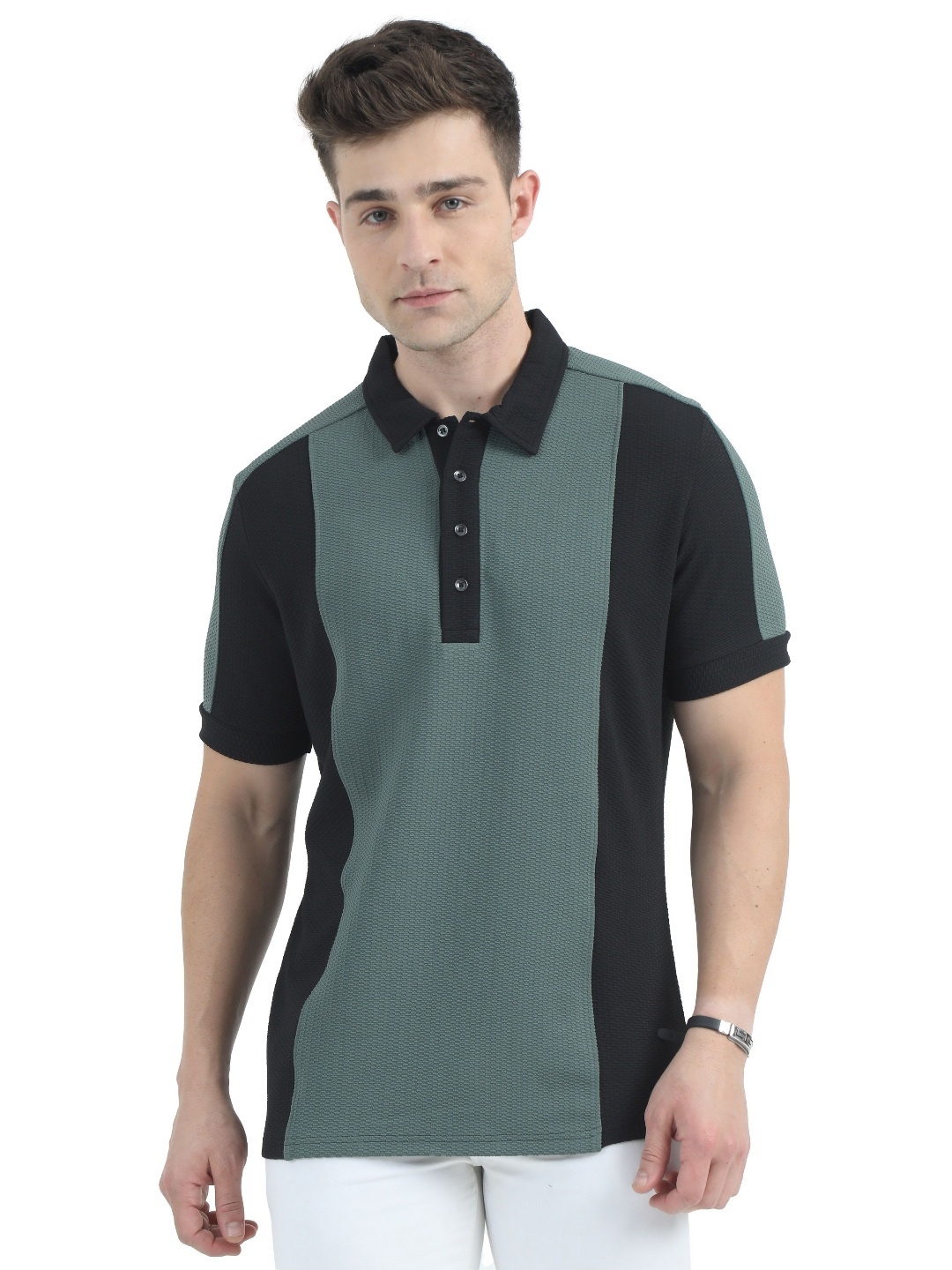 

ECOLINE Clothing Men Colourblocked Polo Collar Antimicrobial Applique T-shirt, Green