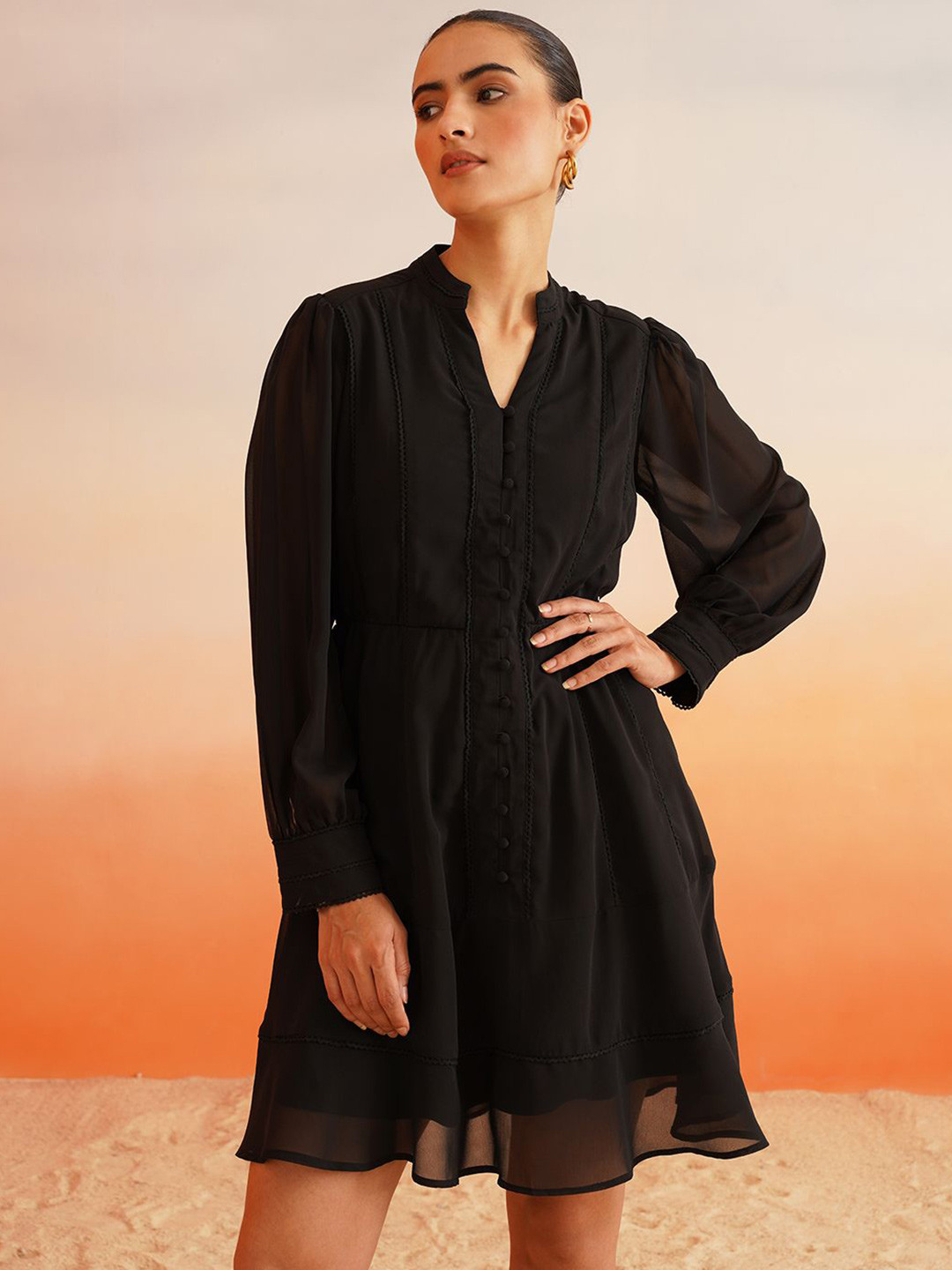 

Beatnik Women Mandarin Collar Blouson Dress, Black