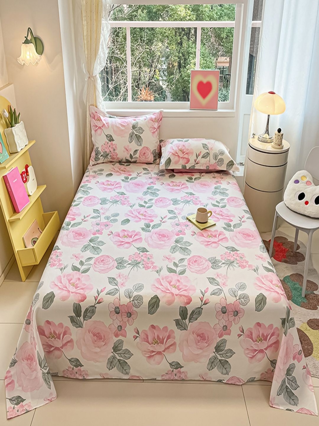 

JC HOME White & Pink Floral Cotton 220 TC Double Queen Bedsheet Set-48 cm x 74 cm